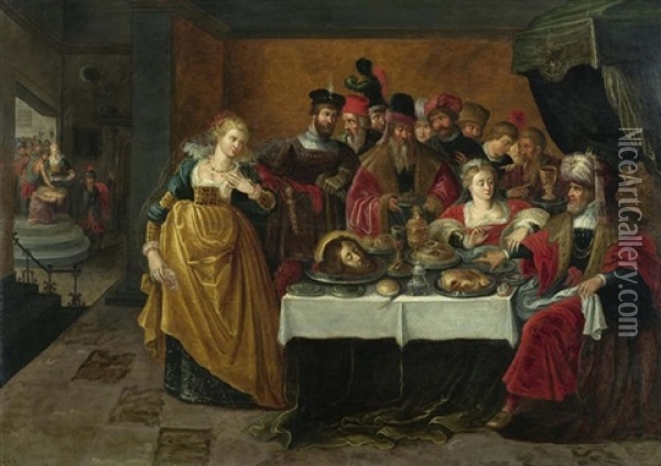 Salome Mit Dem Haupt Johannes Des Taufers Vor Herodes Oil Painting - Gaspar van den Hoecke