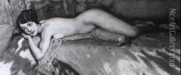 Weiblicher Akt Auf Einem Bett Lagernd Oil Painting - Albert von Keller