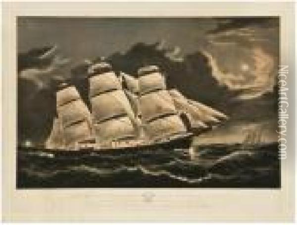 Clipper Ship Dreadnoughtoff Tuskar Light Oil Painting - Currier