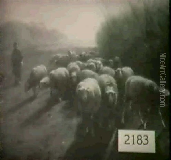 Landscape With Sheep And Shepherd Oil Painting - Jef Louis Van Leemputten