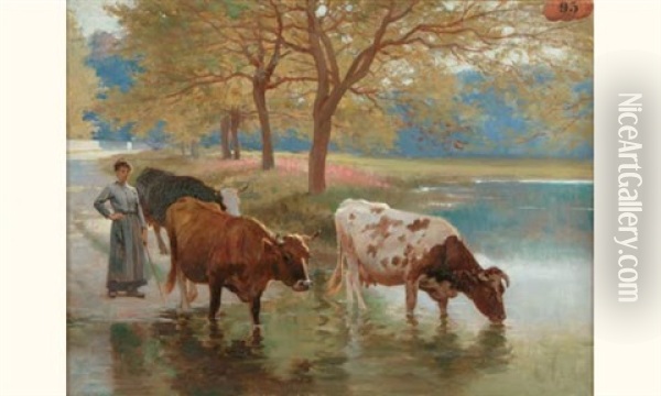 Gardeuse De Vaches Et Son Troupeau A L'abreuvoir Oil Painting - Edouard Bernard Debat-Ponsan