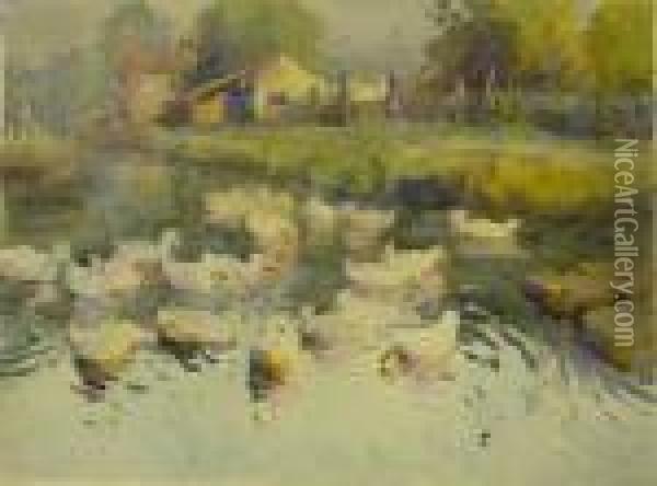 Ducks At Brompton Near Scarborough Oil Painting - Harry Wanless