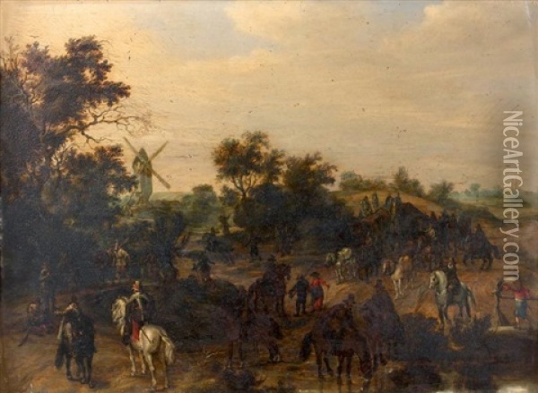 Halte D'un Convoi Accompagne De Militaires Devant Une Riviere Oil Painting - Pieter Snayers