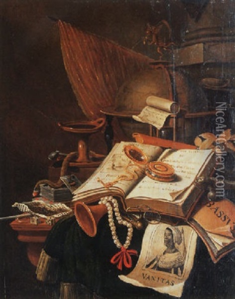 A Vanitas Still Life With An Open Book, A Watch, A Globe And Other Instruments On A Draped Table Oil Painting - Edward Collier