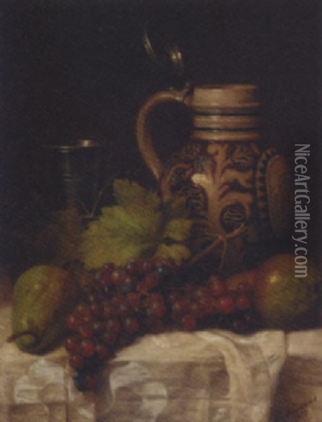 Grapes, Pears, A Tankard And A Pitcher On A Draped Table Oil Painting - Joseph Nauwens
