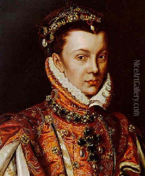 Portrait Of Isabel De Valois Oil Painting - Alonso Sanchez Coello
