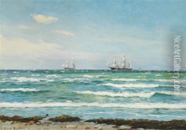 Summer Day With Sailing Ships Off The Coast Oil Painting - Carl Ludvig Thilson Locher