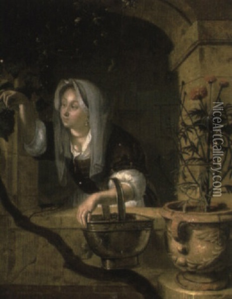 A Maid Picking Grapes At A Casement Oil Painting - Gerrit Dou