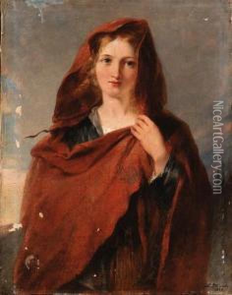 Woman In Red Shawl Oil Painting - Girolamo Induno