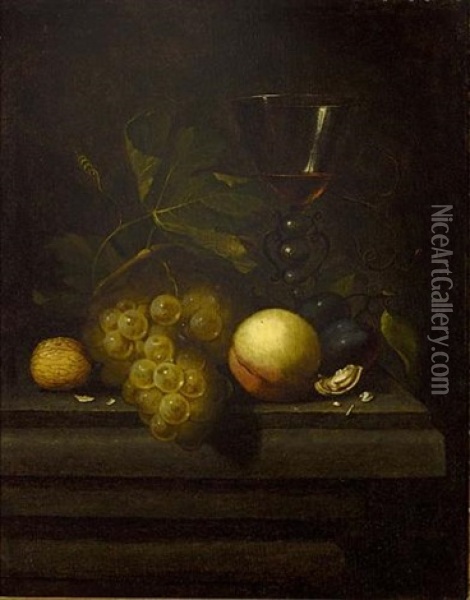 A Still Life With Walnuts, A Peach, Prunes, Grapes And A Glass, All On A Wooden Table Oil Painting - Johannes Borman