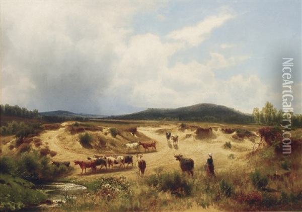 Cows Drinking Oil Painting - Carl Johann Friedrich Adolf Roetteken