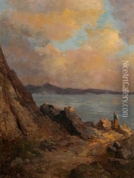 Femme Sur La Cote Italienne, Soleil Couchant Oil Painting - Francesco (Luigi) Lojacono