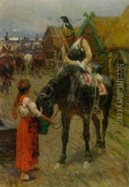Soldaten Beim Ritt Durch Ein Dorf Oil Painting - Franz Roubaud