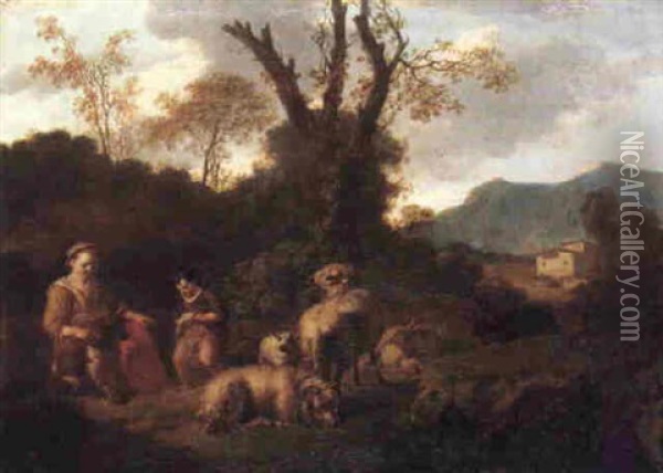 A Shepherdess And A Young Boy Watching Sheep And Goats In An Italianate Landscape Oil Painting - Simon van der Does