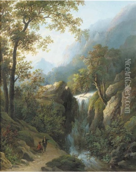 Travellers By A Waterfall Oil Painting - Cristianus Hendricus de Swart