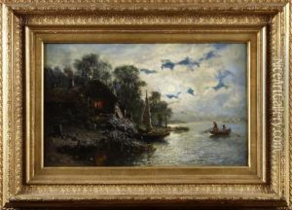 Insjolandskap Medbat Oil Painting - Jacob Johan Silven