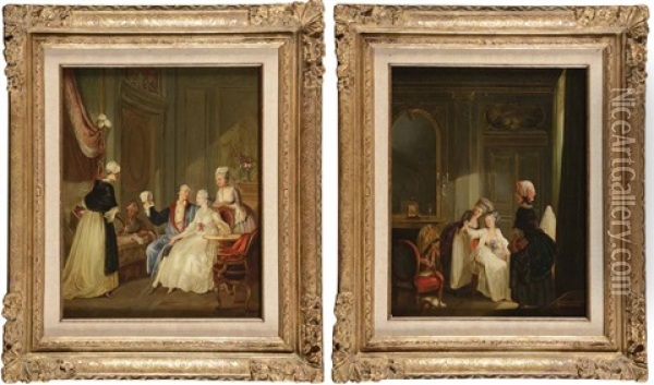 Le Toilette De La Dame De Qualite Et Le Marchand De Bonnets (pair) Oil Painting - Niklas Lafrensen the Younger