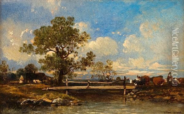 Cattle By A Bridge Oil Painting - Leon Victor Dupre