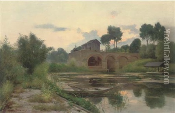 Before The Pump House At Dusk Oil Painting - Henri Alphonse Barnoin