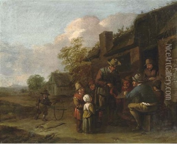 Children Playing And Singing Before Peasants In Front Of A House Oil Painting - Cornelis Pietersz Bega