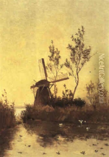 Windmill In A Polder Landscape Oil Painting - Paul Joseph Constantin Gabriel