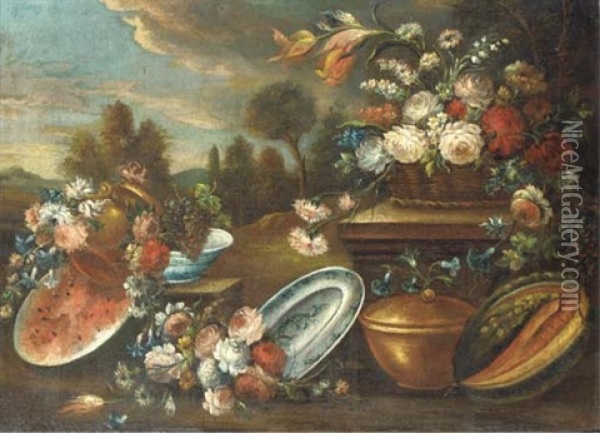 Melons And Grapes With Bronze Urns And Porcelain Dishes And A Basket Of Roses And Other Flowers On A Plinth With A Wooded Landscape Beyond Oil Painting - Gasparo Lopez