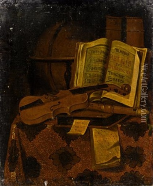 Still Life With A Violin, A Recorder, A Globe And Books On A Table Draped With A Carpet Oil Painting - Edward Collier