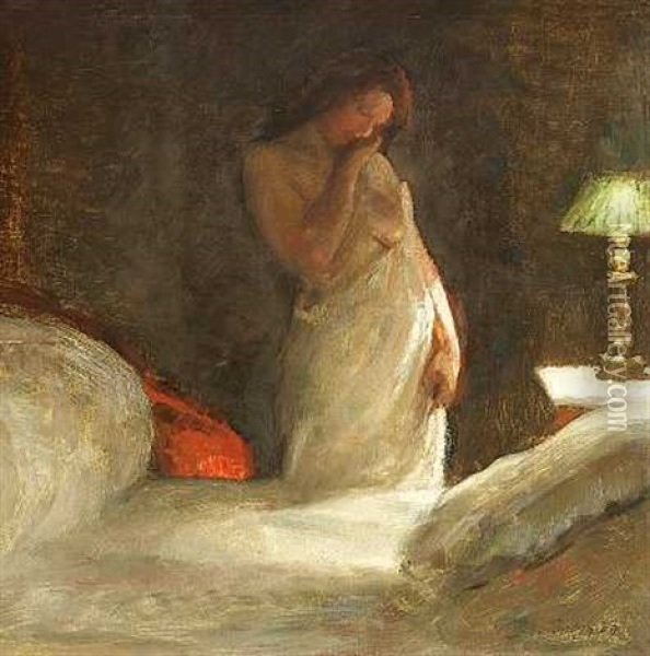 Interior Med Kvinde Ved En Seng Oil Painting - Julius Paulsen