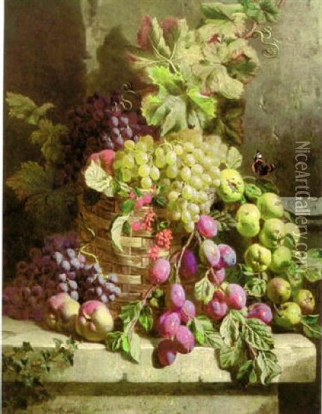 A Red Admiral, With Grapes In A Wicker Basket And Fruit On A Stone Ledge Oil Painting - William Hughes
