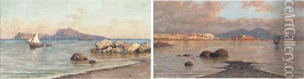 Fishing Vessels Off Capri (+ Fishing Vessels In The Bay Of Naples; Pair) Oil Painting - Giuseppe Carelli