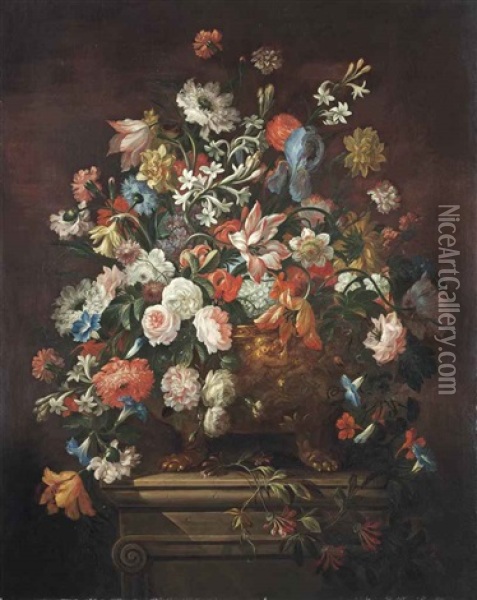 Tulips, Chrysanthemums, Violets And Other Flowers In A Sculpted Bronze Urn, On A Stone Pedestal Oil Painting - Abraham Brueghel