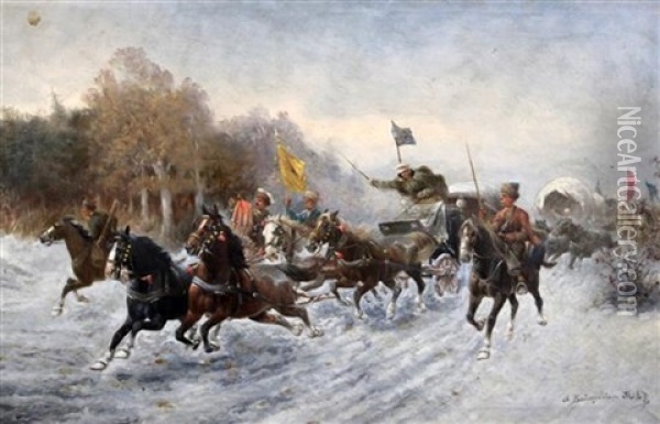 Cossacks And Carriages In A Winter Landscape Oil Painting - Adolf (Constantin) Baumgartner-Stoiloff