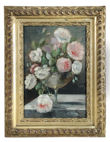 Still Life Of Spring Flowers, Narcissi, Bluebells, Roses And Pelargoniums; And Still Life Of English Rambling Roses And Peonies (a Pair) Oil Painting - Thomas Churchyard