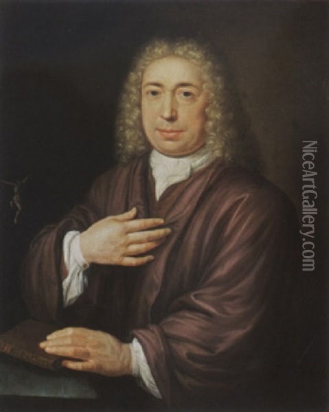 A Portrait Of A Catholic Cleric With His Left Hand On The Bible Oil Painting - Abraham Carre