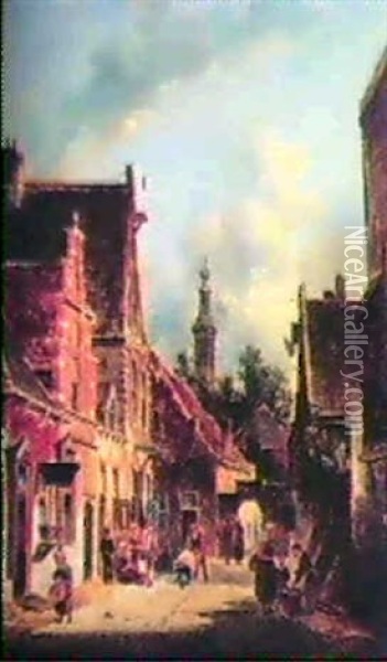 Hollandsk Gatuscen, Sommar Oil Painting - Adrianus Eversen