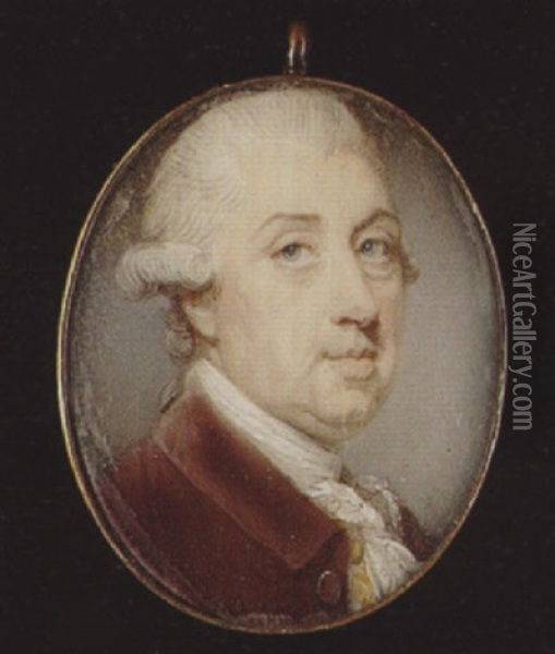 A Gentleman, His Powdered Hair En Queue And Side Buckles, Wearing Brown Coat, Gold Figured Waistcoat, Frilled White Cravat And Stock Oil Painting - Jeremiah Meyer