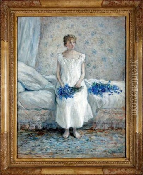 Jeune Fille Aux Bleuets Assise Sur Son Lit Oil Painting - Jean Francois Raffaelli