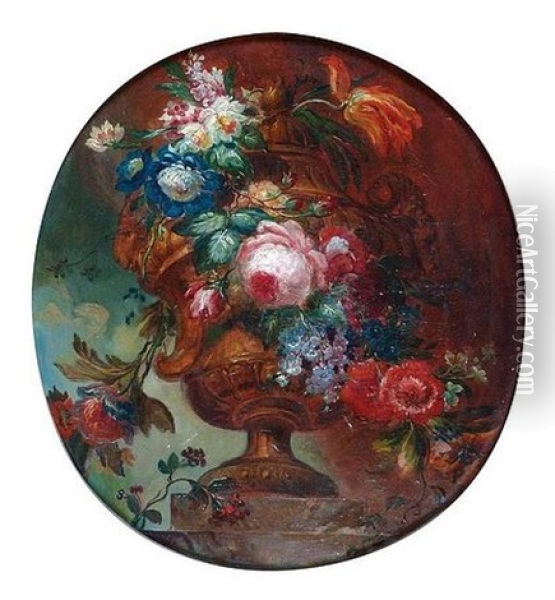 Fleurs Dans Un Vase Medicis Sur Un Entablement Oil Painting - Jean-Baptiste Belin de Fontenay the Elder