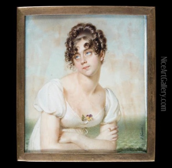 Portrait De Jeune Femme En Buste Les Bras Croises, En Robe Blanche, Au Decolte Une Pensee Oil Painting - Jean Urbain Guerin