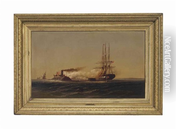 Second Day Of Battle Between Monitor And Merrimac Oil Painting - Alexander Charles Stuart