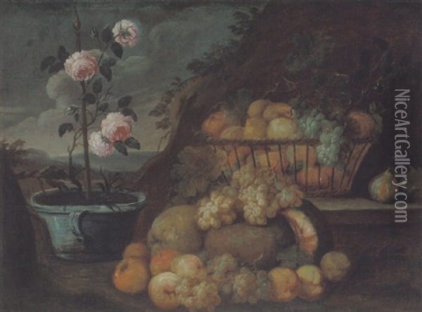 Stilleben Mit Fruchten Und Tongefass Mit Einem Rosenstrauch In Einer Landschaft Oil Painting - Abraham Brueghel