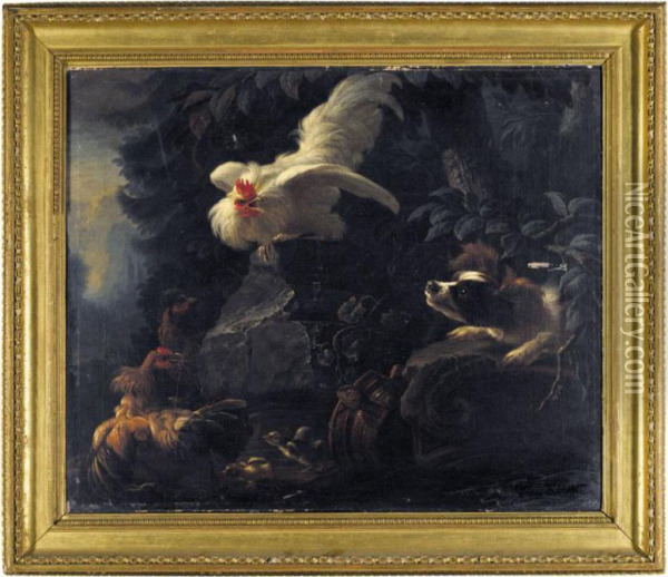 Landscape With A Spaniel Startling Chickens And Their Chicks Oil Painting - Abraham Bisschop