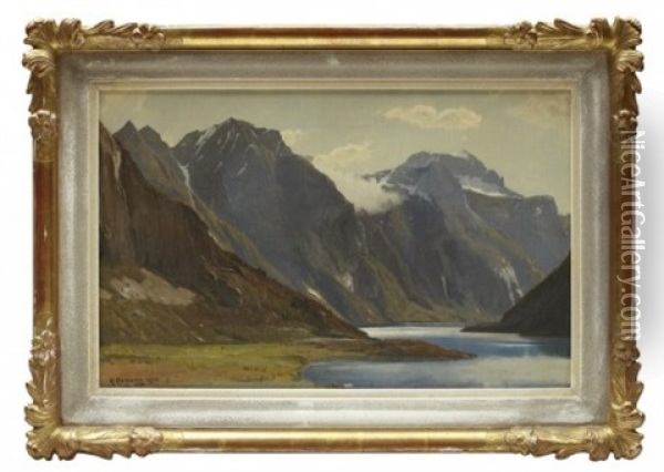 Norskt Fjordlandskap Oil Painting - Gustaf Rydberg