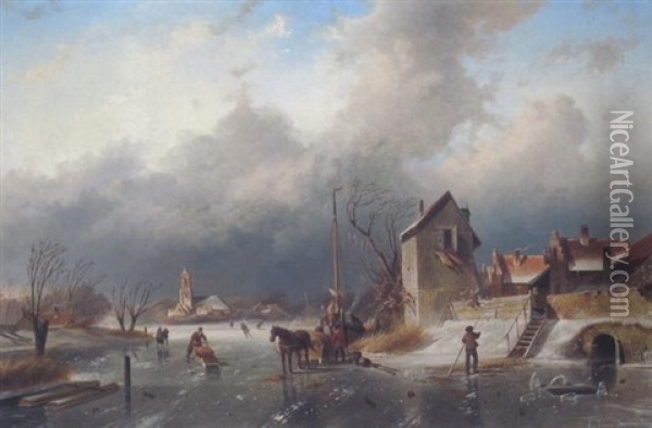 Eislaufer Auf Einem Kanal In Holland Oil Painting - Elias Pieter van Bommel