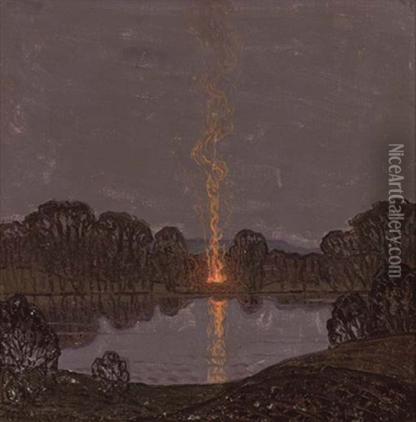 Skymning Over Sjon - Dusk Over The Lake Oil Painting - Olof Thunman