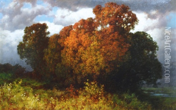 Trees In Autumn Light Oil Painting - Traugott Hermann Ruedisuehli