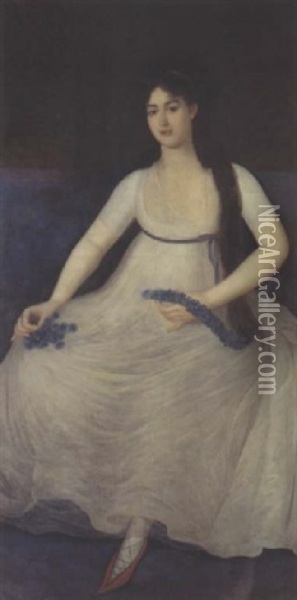 Portrait De Jeune Femme En Robe Blanche Oil Painting - Agustin Esteve Y Marques