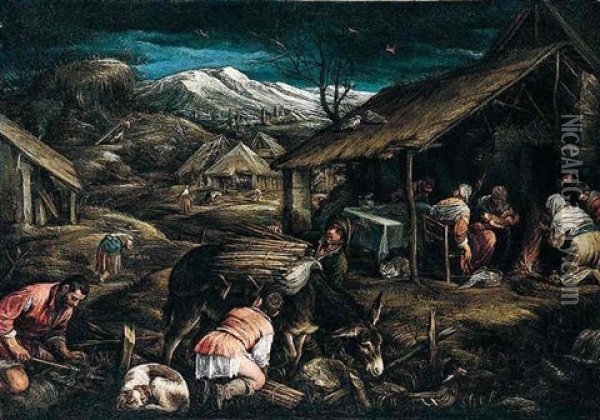 A Mountainous Landscape With Peasants Gathering Firewood, Others Gathered With A Newborn Around A Fire (winter) Oil Painting - Jacopo dal Ponte Bassano