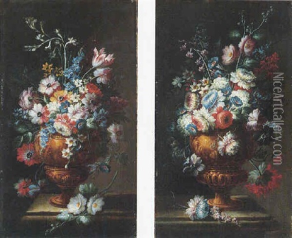 Still Life Of Various Flowers In A Gilt Vase Oil Painting - Nicola Casissa