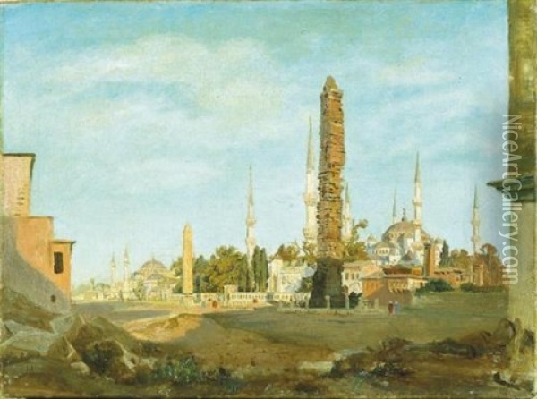 The Brazen Column And Egyptian Obelisk, The Blue Mosque And Haghia Sophia Beyond Oil Painting - Harald-Adof-Nikolaj Jerichau